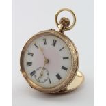Ladies 9ct cased fob watch, import marks for London 1908. The white/pink 30mm dial with black