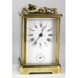 Brass five glass carriage clock with alarm, Roman numerals with secondary dial, height 11cm