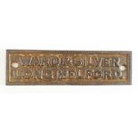 Long Melford interest. Cast Iron foundry plaque, reads 'Ward & Silver, Long Melford', 18cm x 5cm.