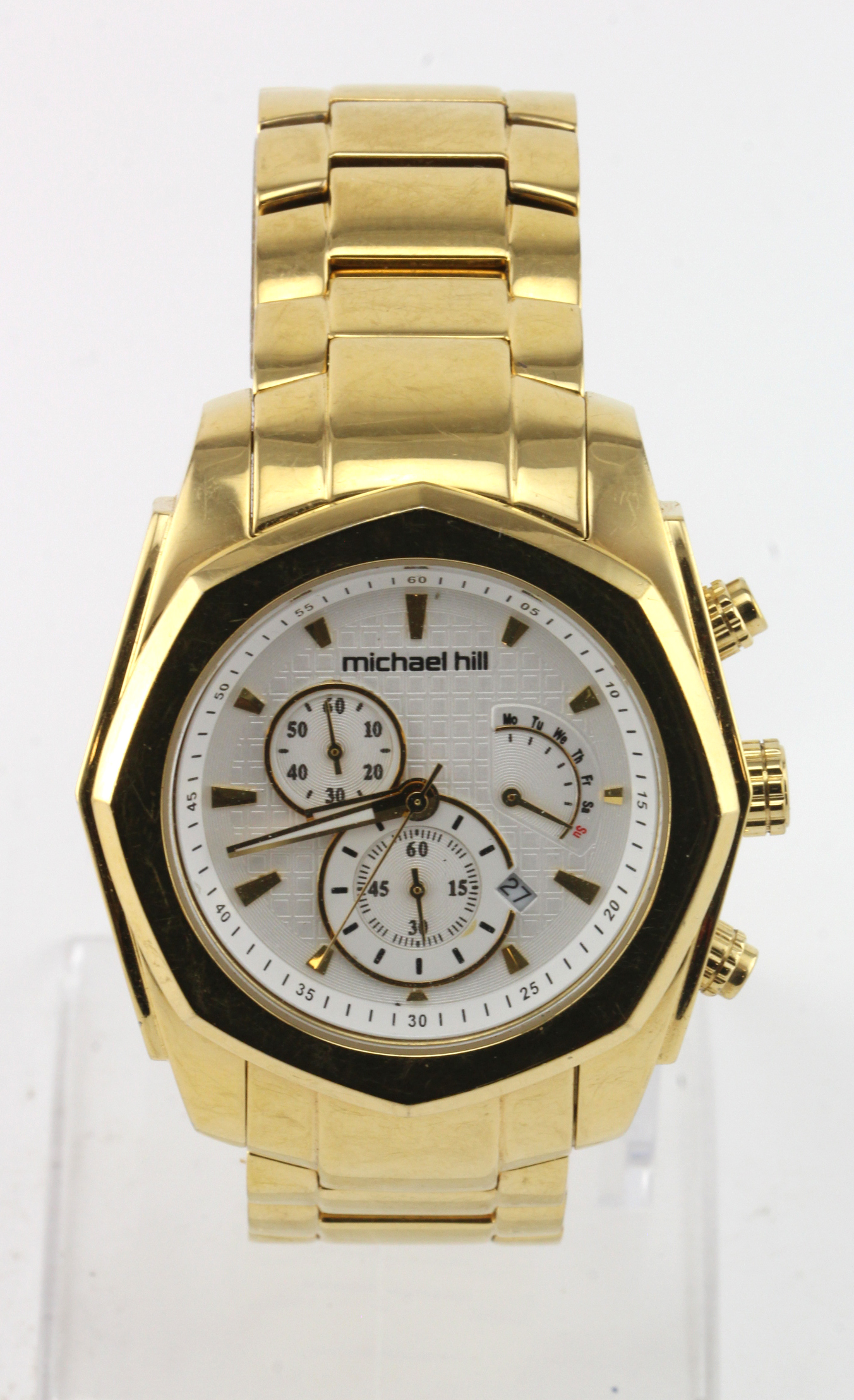 Gents "Michael Hill" Chronograph wristwatch In Gold Tone Stainless Steel. Working when catalogued