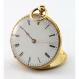 Yellow metal (tests as 18ct gold) cased open face pocket watch. Approx 34mm dia, total weight 27.4g