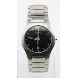Gents stainless steel cased Longines wristwatch, the black dial with silver baton markers and date