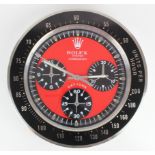Advertising Wall Clock. Black, red & chrome 'Rolex' advertising wall clock, red & black dial