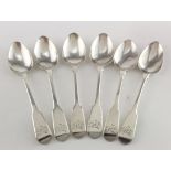 Six George IV silver Fiddle pattern teaspoons, hallmarked 'JT (four with rubbed maker's marks)