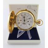 Gents18ct gold full hunter moon phase repeater pocket watch, the white enamel dial with Roman