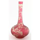 Frosted glass vase with slender neck, elaborate red floral decoration, circa 19th Century, unsigned,