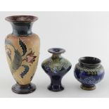 Doulton Lambeth. Three Doulton Lambeth pottery pieces, comprising two vases (4073 & 5607) & a