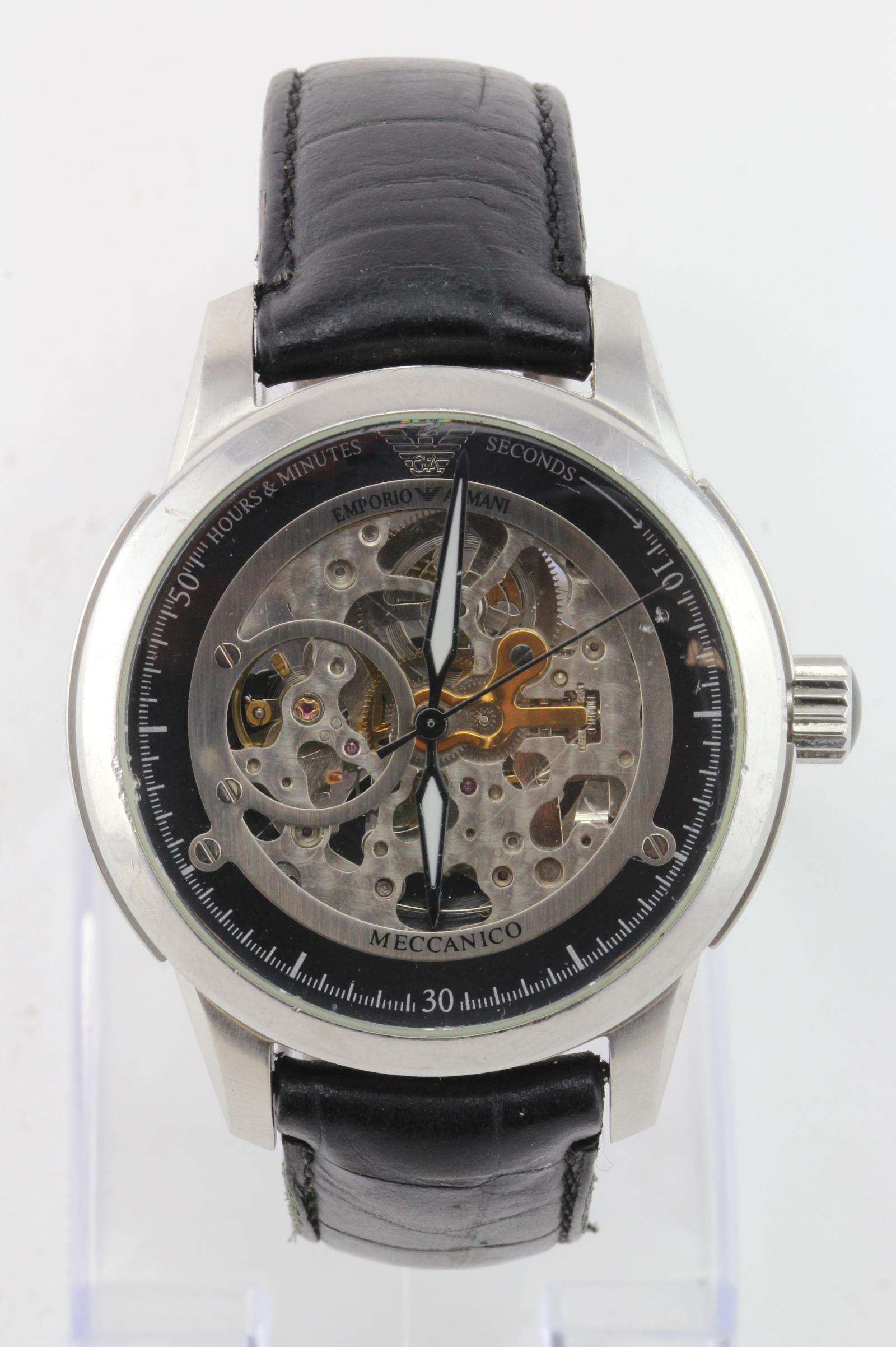 Gents Emporio Armani automatic wristwatch, Skeleton movement on a leather strap. Working when