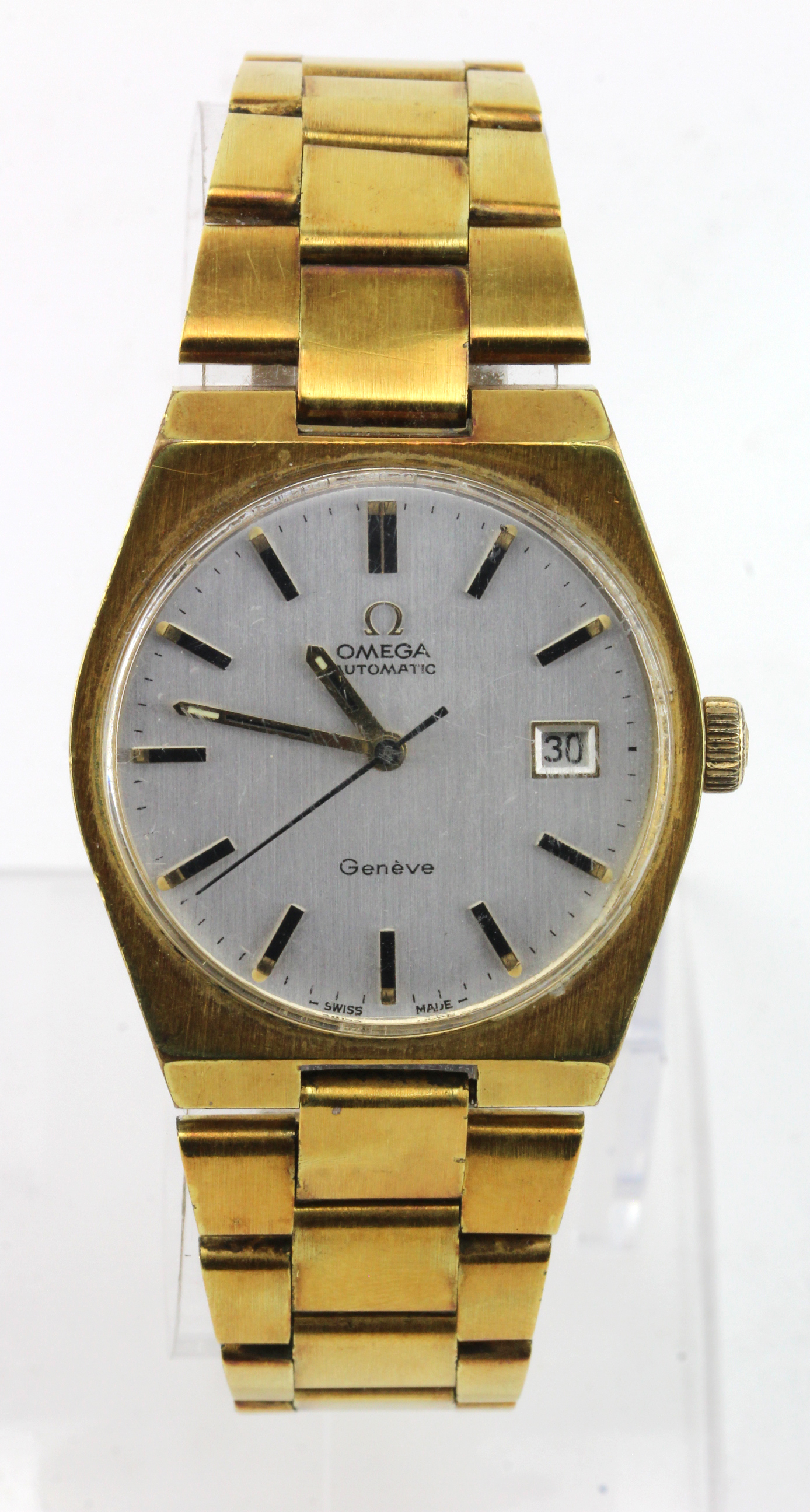 Gents gold plated Omega Geneve wristwatch circa 1971, on an Omega bracelet, watch working when