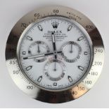 Advertising Wall Clock. Chrome 'Rolex' advertising wall clock, white dial reads 'Rolex Oyster
