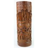 Bamboo brush pot, with hand carved decoration, circa late 19th to early 20th Century, height 30.5cm,