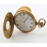 Gents gold plated half hunter pocket watch by Waltham, circa 903 in the "Sun" case by Dennison.
