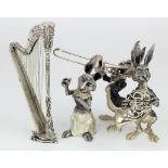 Three Silvered Pewter ? Rabbit orchestra members by J.M Calero. Consisting of Harp Player & harp,