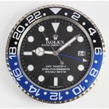 Advertising Wall Clock. Blue, black & chrome 'Rolex' advertising wall clock, black dial reads 'Rolex
