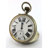 Nickel cased "Goliath" pocket watch, the white dial with bold Roman numerals and subsidiary second