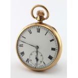 Gents 9ct cased open face pocket watch, hallmarked Birmingham 1924. The white dial with bold roman