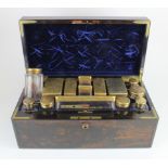 Victorian burr Walnut travelling vanity case, main compartment complete with glass jars each with