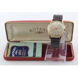 Gents 9ct cased Rotary wristwatch circa 1964 on an old leather strap, in a Rotary box with guarantee