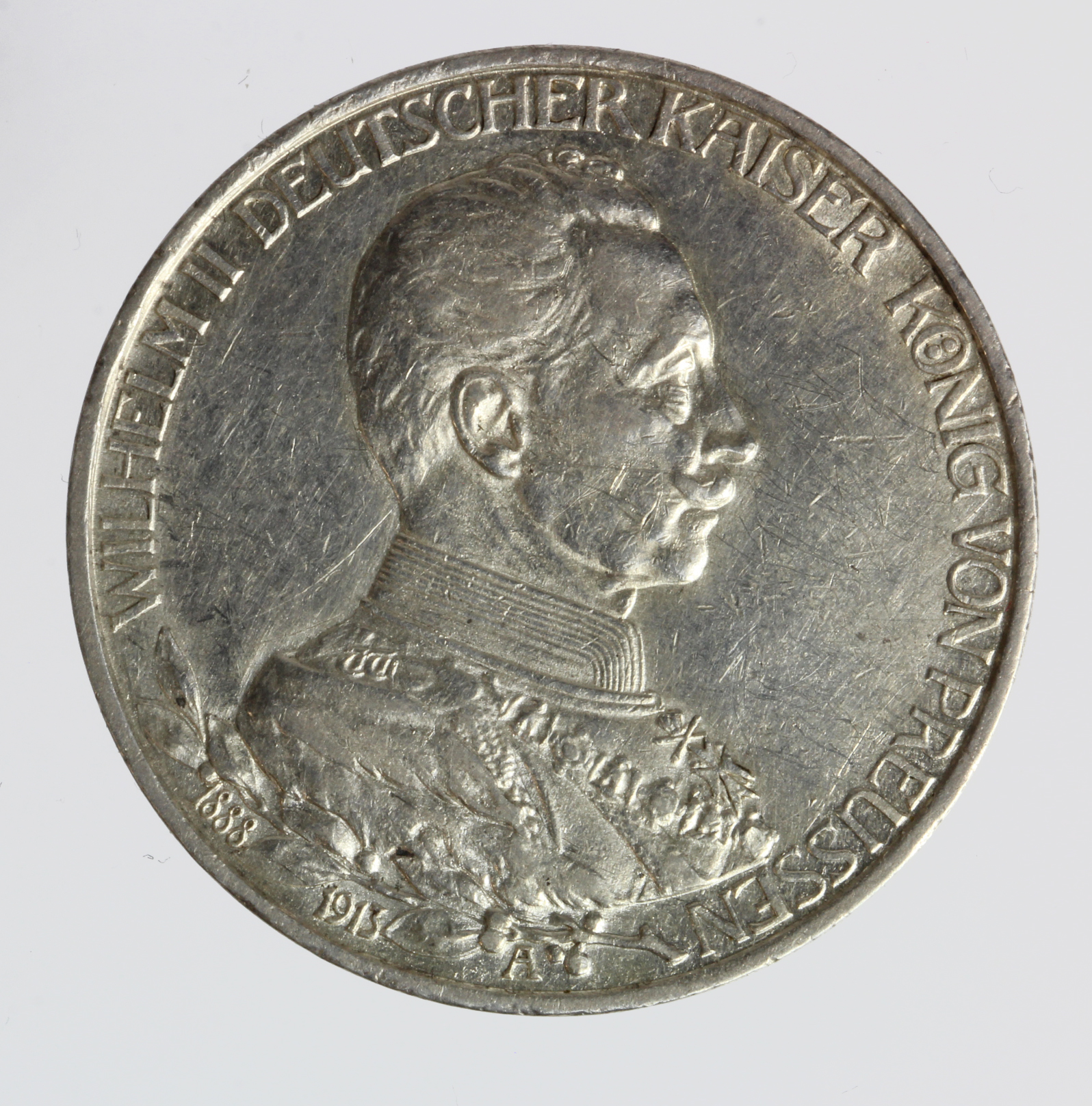 Germany silver 3 marks for the Silver Jubilee of Wilhelm II, 1913A, light ovalall marks on
