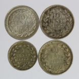 Netherlands silver minors (4): 5 Cent 1869 EF, 10 Cents: 1892 EF, 1893 VF, and 1914 GEF