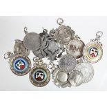 Mixed lot of 13 silver items which includes 3 coin items and 10 medals; relates to railway, cycling,