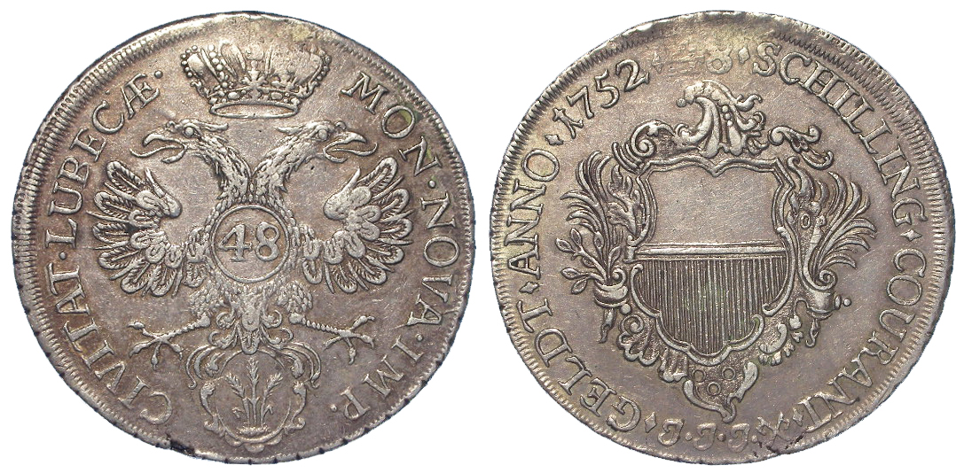 German State Lubeck silver 48 Schilling 1752 JJJ, toned GVF, mount carefully removed 12 o'clock.