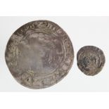 Edward VI (2): Base Penny, York Mint S.2475 F, and Fine Silver Shilling 1551-1553 mm. Tun S.2482,