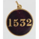 Suffragette related (possibly ) purple enamel & brass medal. Has 1532 on the front. Back reads "