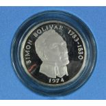 Panama, 2000 grain sterling silver proof 20 Balboas coin 1974, FDC cased with cert.