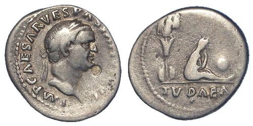 Vespasian silver denarius; IUDAEA seated reverse, Fine, banker's mark.
