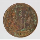 India, Madras Presidency, East India Company copper 5 Cash 1803, porous VF