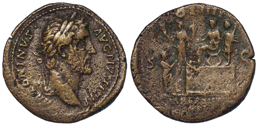 Antoninus Pius brass sestertius, Rome Mint 145 A.D., obverse:- Laureate and bearded bust, right,