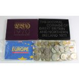 GB Sets: Flat Pack Proof Sets 1970 and 1971, EU 50p 2-coin presentation pack 1998, 4x 1953 plastic