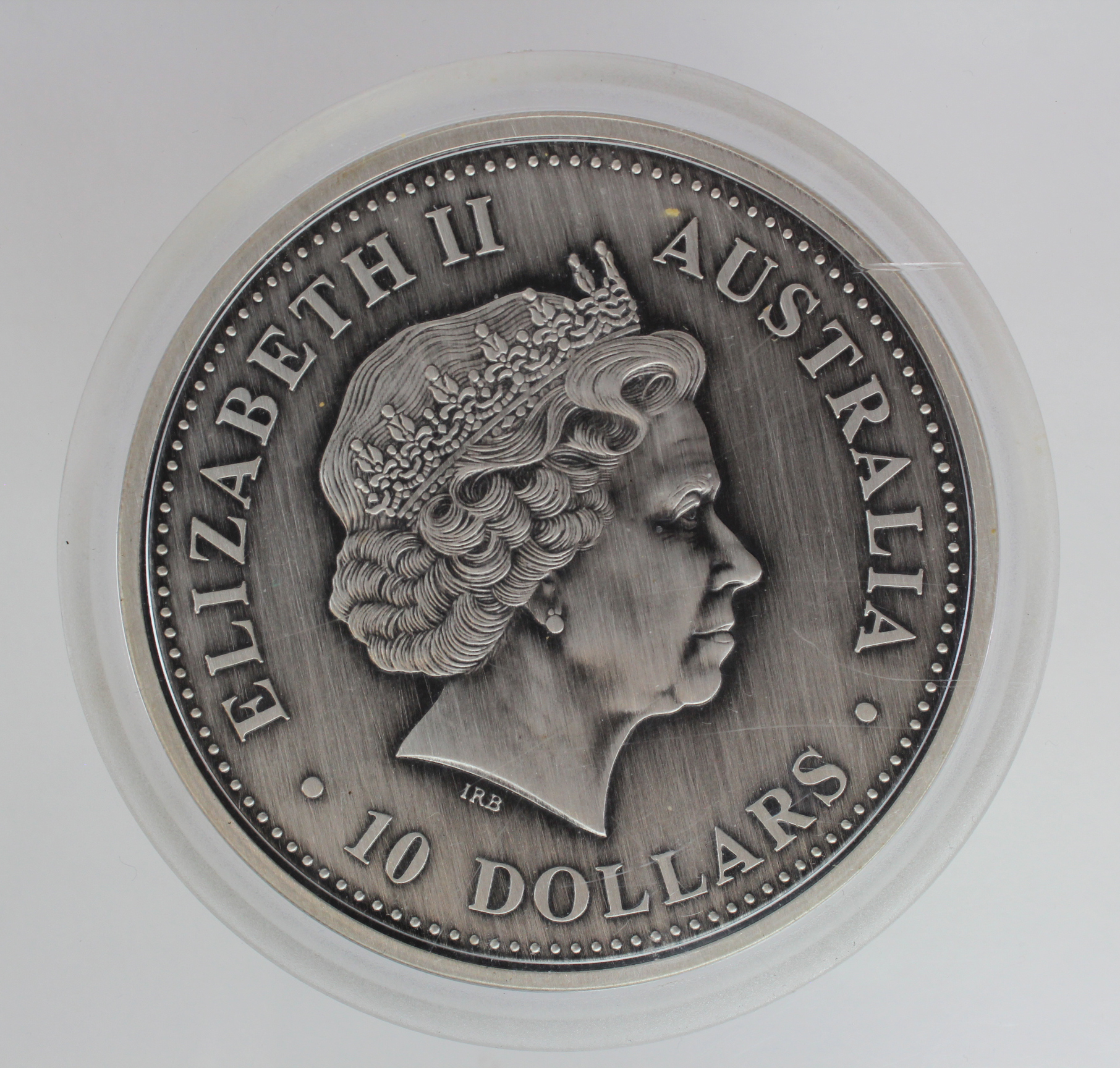 Australia $10 2002 (10oz Kookaburra struck in .999 silver) Brushed Unc in a hard plastic capsule