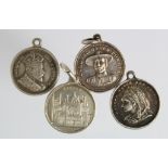 British Commemorative Medalets (4) small silver, hallmarked or unmarked white metal featuring