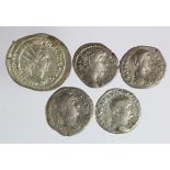 Roman silver coins (5): Vespasian Salus denarius GF, Hadrian Libertas denarius F, Divus Lucius Verus