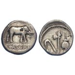 Julius Caesar silver denarius, mint in Italy 49 B.C., obverse:- Elephant trampling serpent,