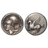 Ancient Greek silver stater of Corinth, obverse:- Pegasos flying left with pointed wing, reverse:-