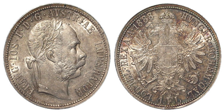 Austria silver Florin 1888 lightly toned GEF