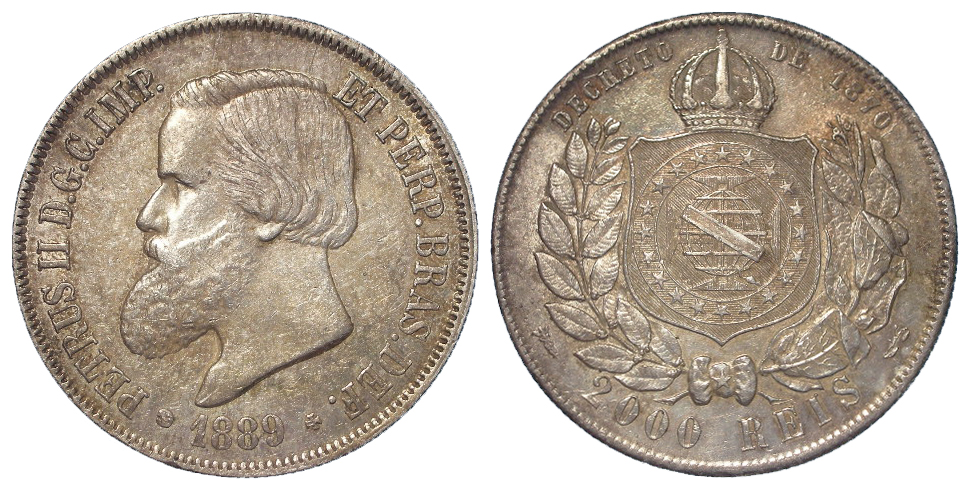 Brazil silver 2000 Reis 1889 toned EF