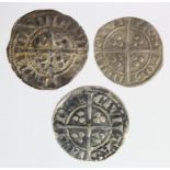 Edward I London silver pennies (3): Class 1c nVF, Class 1d aVF peck marks, and Class 2b aVF cracked;