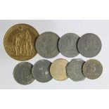 Germany (9) late and post WWI coins and Kriegsgeld, and a brass medal similar theme.