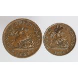 Canada, Bank of Upper Canada copper tokens (2): Penny 1857 GVF-nEF, and Halfpenny 1850 aEF