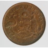 Australia, T.F. Merry & Co. General Merchants, Toowoomba, Penny token 19thC, VF-GVF, patchy tone.