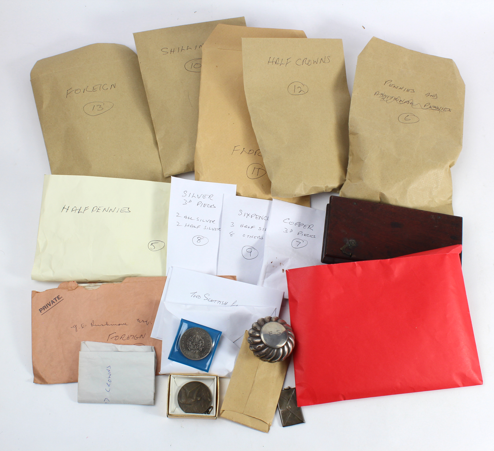 GB & World Coins, accumulation in a box including predecimal silver, some mixed world banknotes,