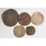 Hammered English pieces, 1573 clipped sixpence, holed James I silver halfgroat, Elizabeth I silver