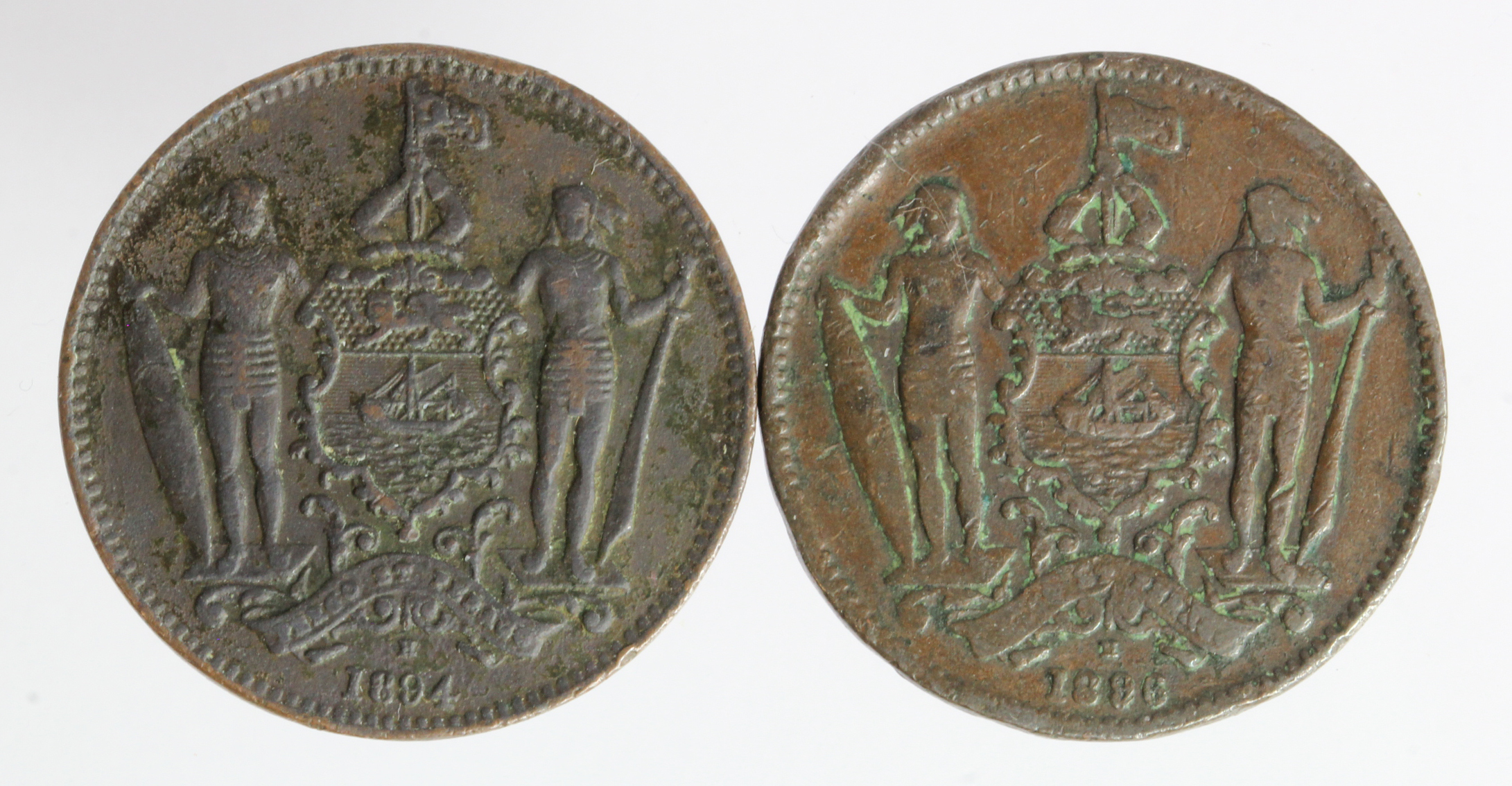 British North Borneo (2) One Cent's: 1894H dark aVF, and 1896H nVF edge knocks.