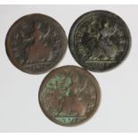 Farthings (3) George I : 1719 x2 VG, F, and 1720 Fair.