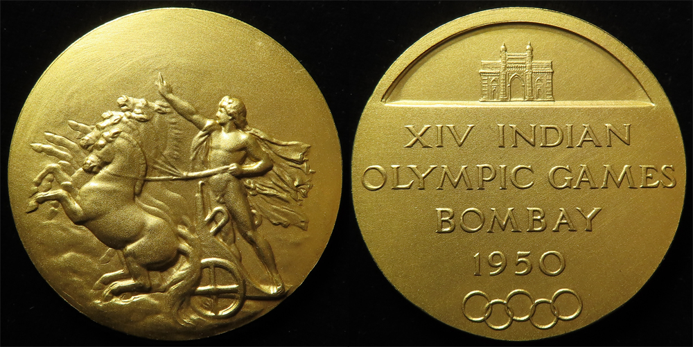 Indian XIV Olympic Games Bombay 1950, gilt bronze medal awarded to competitors. (51mm)