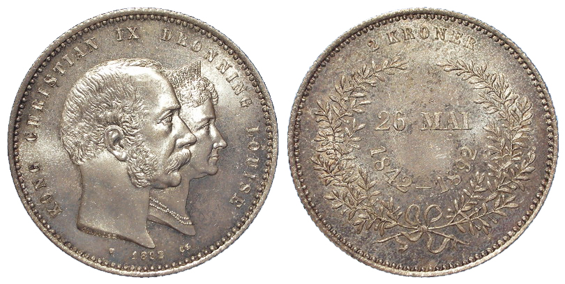 Denmark, silver 2 Kroner, commemorating the golden wedding of Christan IX in 1892, very light